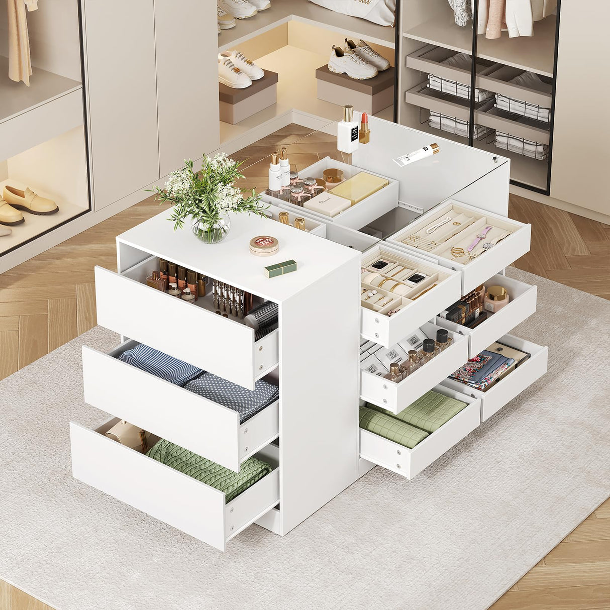 LIVAUVEAD Closet Island with Drawers, Wardrobe Armoire Bedroom Island, Glass Display Shelf & 15 Drawers, White Dresser with Glass Top, Walk-in Closet Island for Bedroom, Cloakroom LIVAUVEAD
