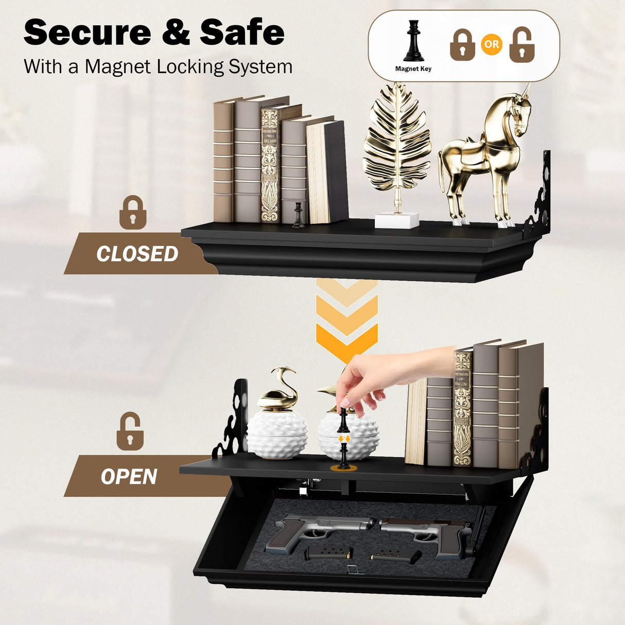 HNEBC 24" Compact Gun Shelf with Hidden Compartment, Floating Wall Mount Gun Rack for Living Room Decor, Solid Wood Concealed Furniture for Secure Gun Storage (Black) HNEBC