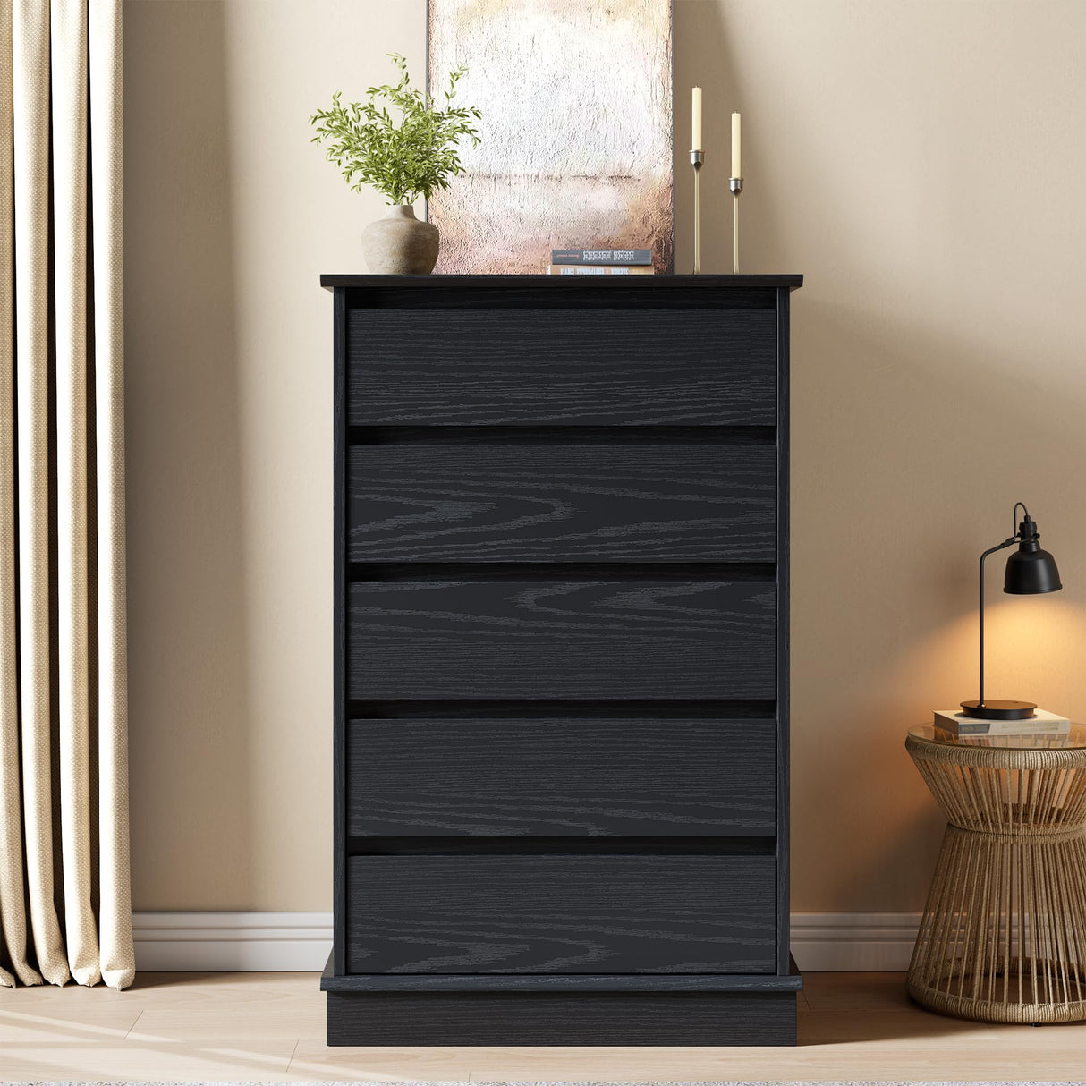 GarveeHome 5 Drawer Dressers for Bedroom, Chest of Drawers with Deep Drawers, Large Double Dresser for Closet with Wide Top, Tall Wooden Dresser for Living Room, Hallway, Kids Room, Black GarveeHome