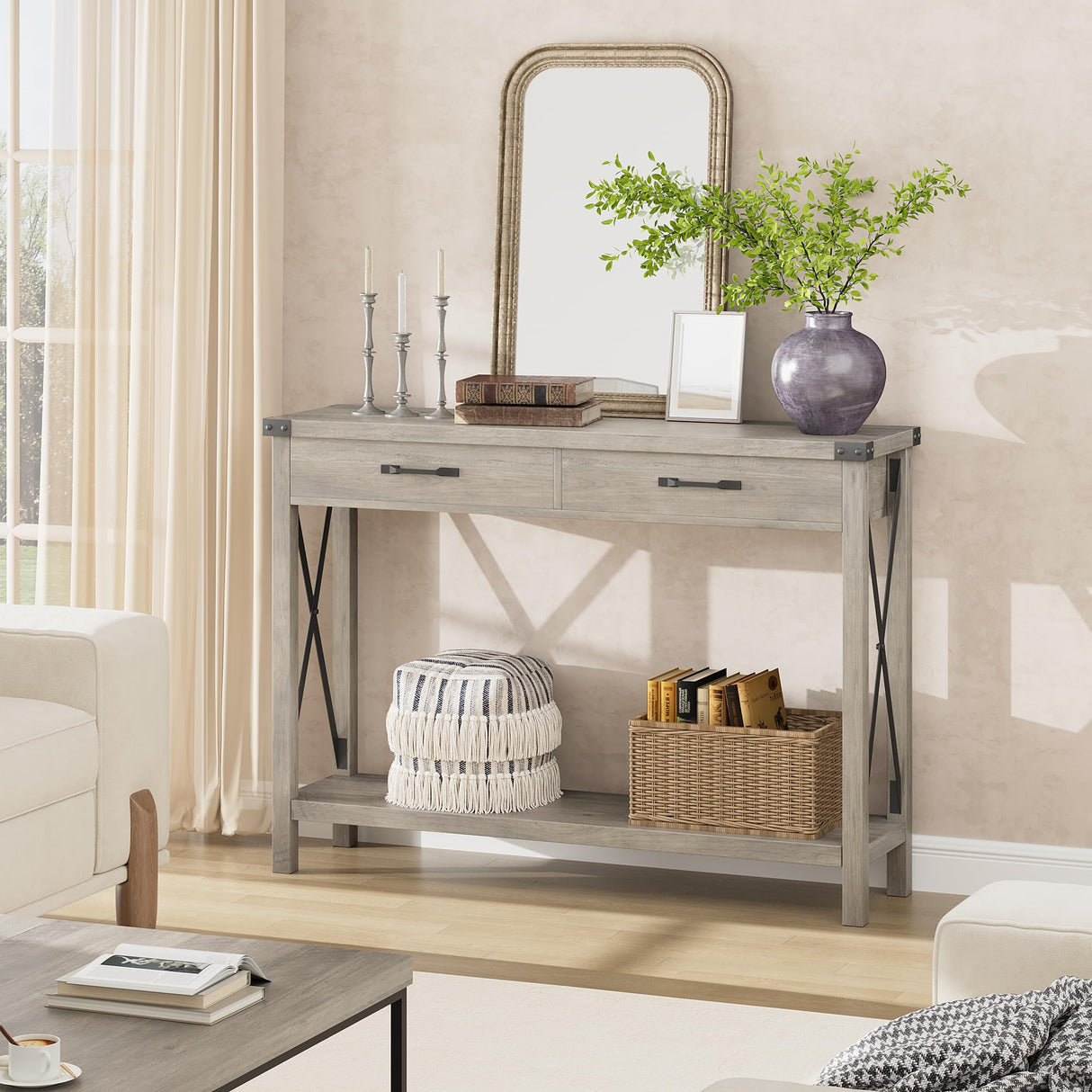 IDEALHOUSE Console Table with 2 Drawers, Farmhouse Entryway Table with Storage Shelf, Accent Wood Sofa Table for Living Room, Hallway, Foyer-Grey IDEALHOUSE