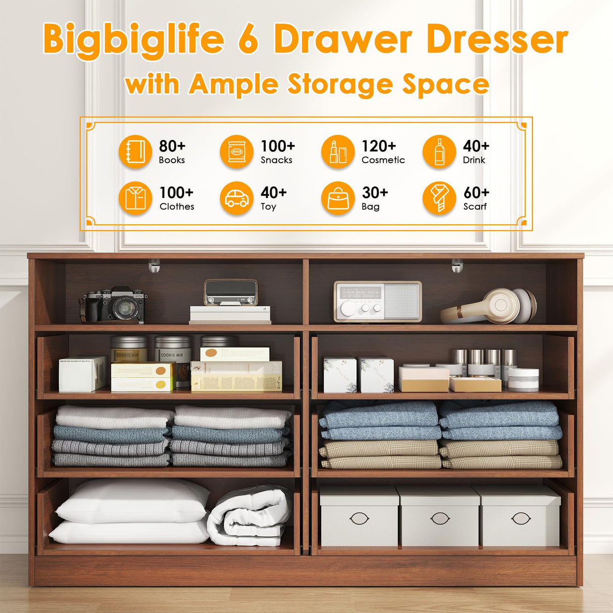 Bigbiglife 6 Drawers Dresser for Bedroom Wooden Drawer with Open Storage Cubby, Double Wide Dresser Organizer for Bedroom, Living Room, Entryway, Hallway (Walnut Brown) Bigbiglife