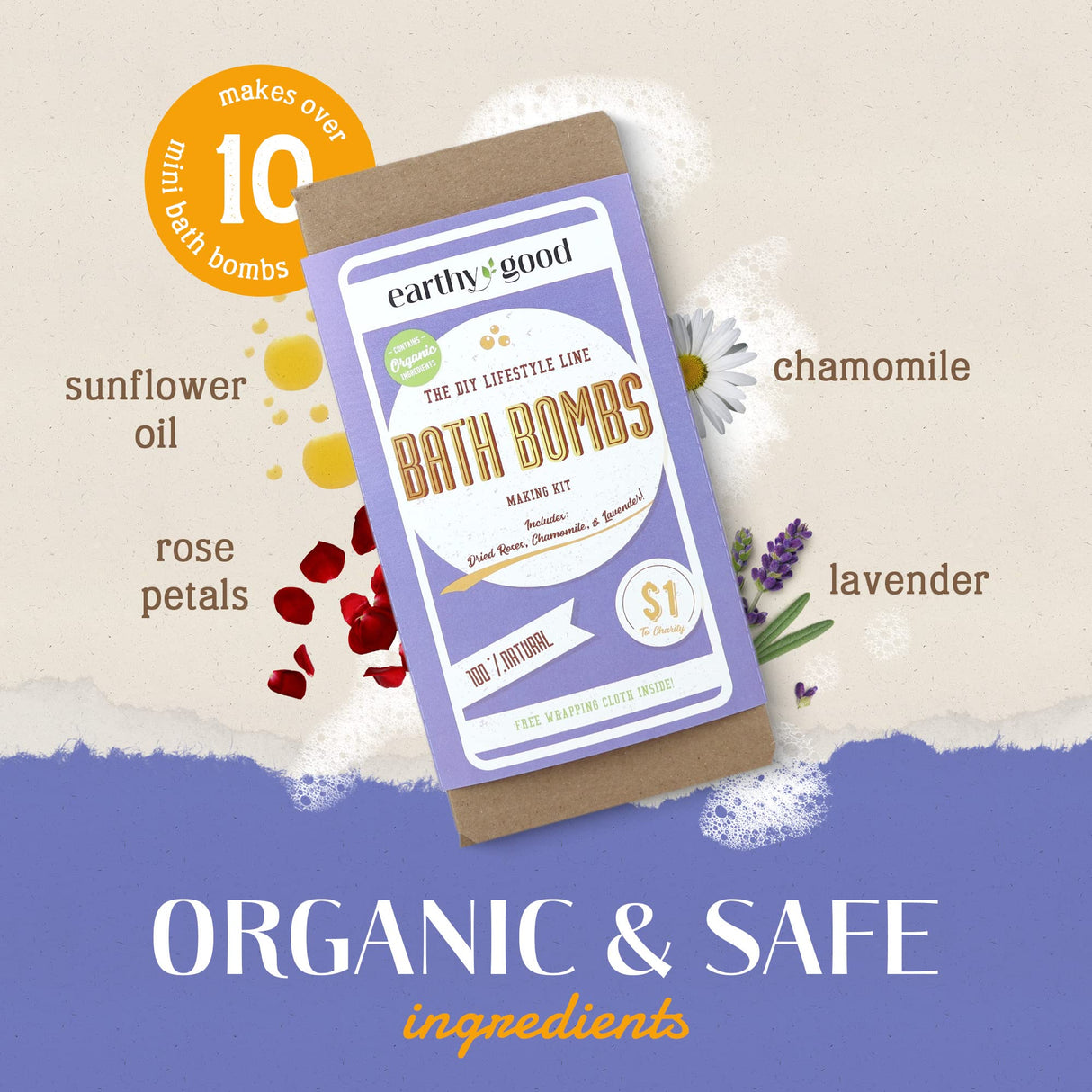 Earthy Good DIY Bath Bomb Kit With Organic Ingredients 100% Natural Includes: Essential Oils, Dried Rose, Chamomile & Lavender, Molds, Guide & More- Includes Furoshiki Cloth- Makes 10 Mini Bath Bombs Kiss Naturals