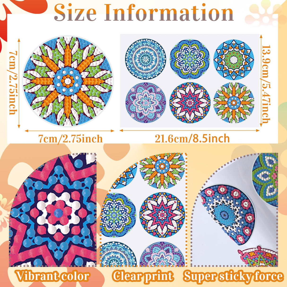 Saillong 36 Pcs Mandala Diamond Painting Sticker 5d DIY Diamond Sticker Mandala Painting Creative Decals Resin Rhinestone Gem Art Kits for Refrigerator Boho Home Crafts Adults Gift Decor Saillong