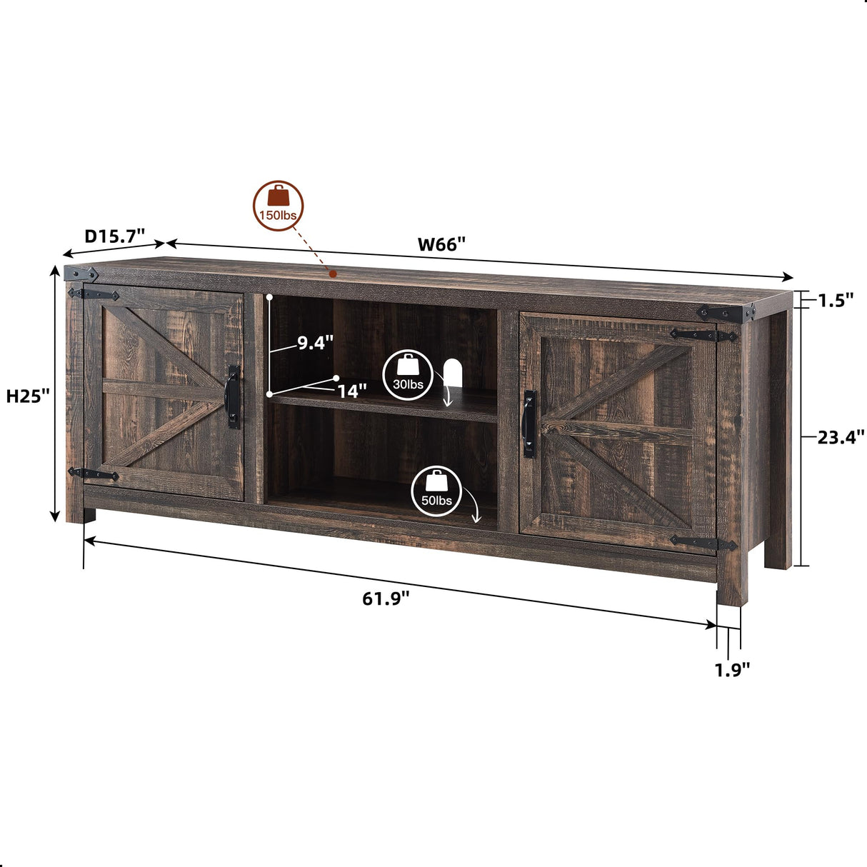 T4TREAM Farmhouse TV Stand for TVs Up to 75 inches, Wood Barn Door Media Television Console Table with Storage Cabinets, Easy Assembly Modern Entertainment Center for Living Room, Dark Rustic Oak T4TREAM