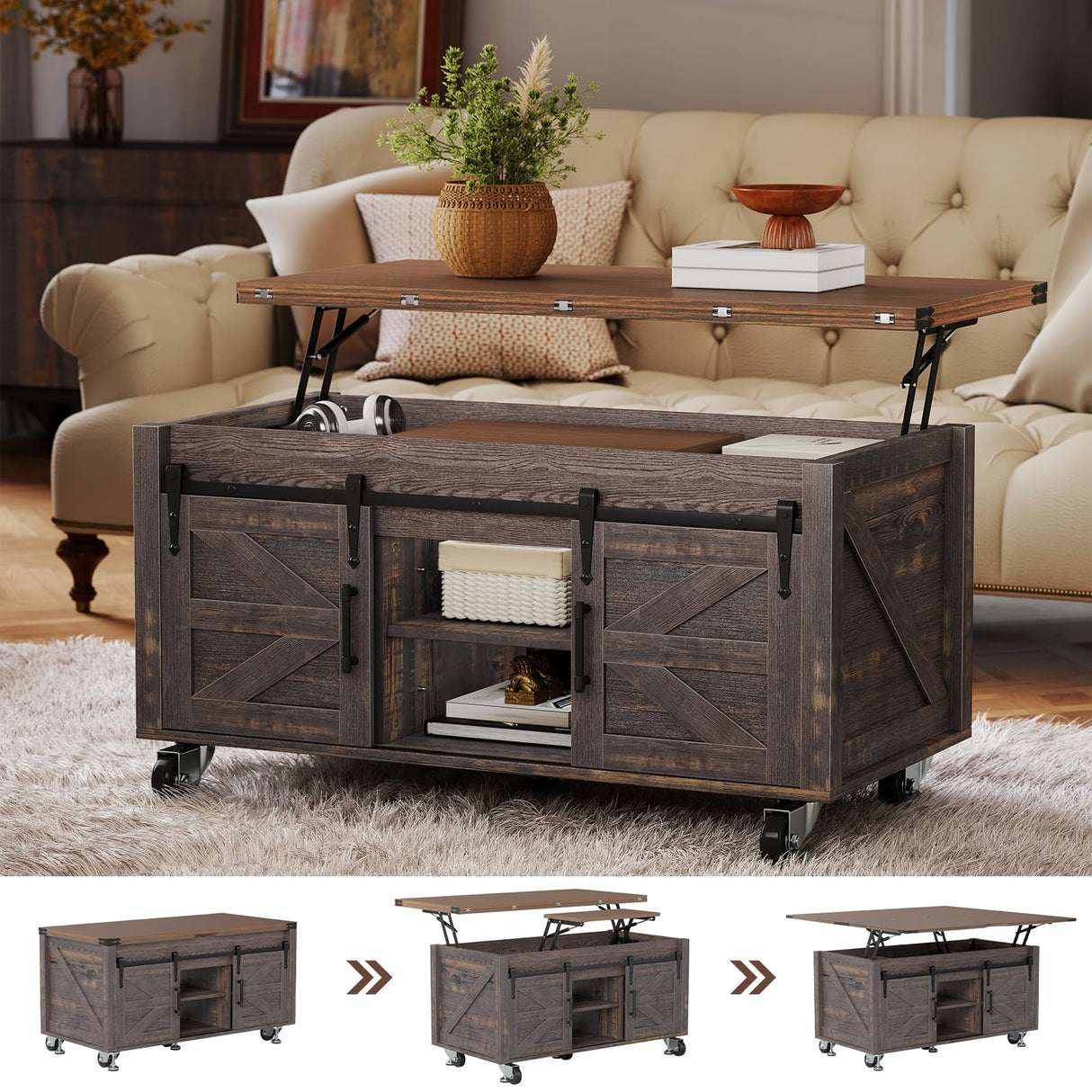 Turosur Lift Top Coffee Table with Storage, 4 in 1 Farmhouse Coffee Table with Lockable Rolling Wheels and Hidden Compartment, Center Table with 4 Sliding Barn Door for Living Room Turosur