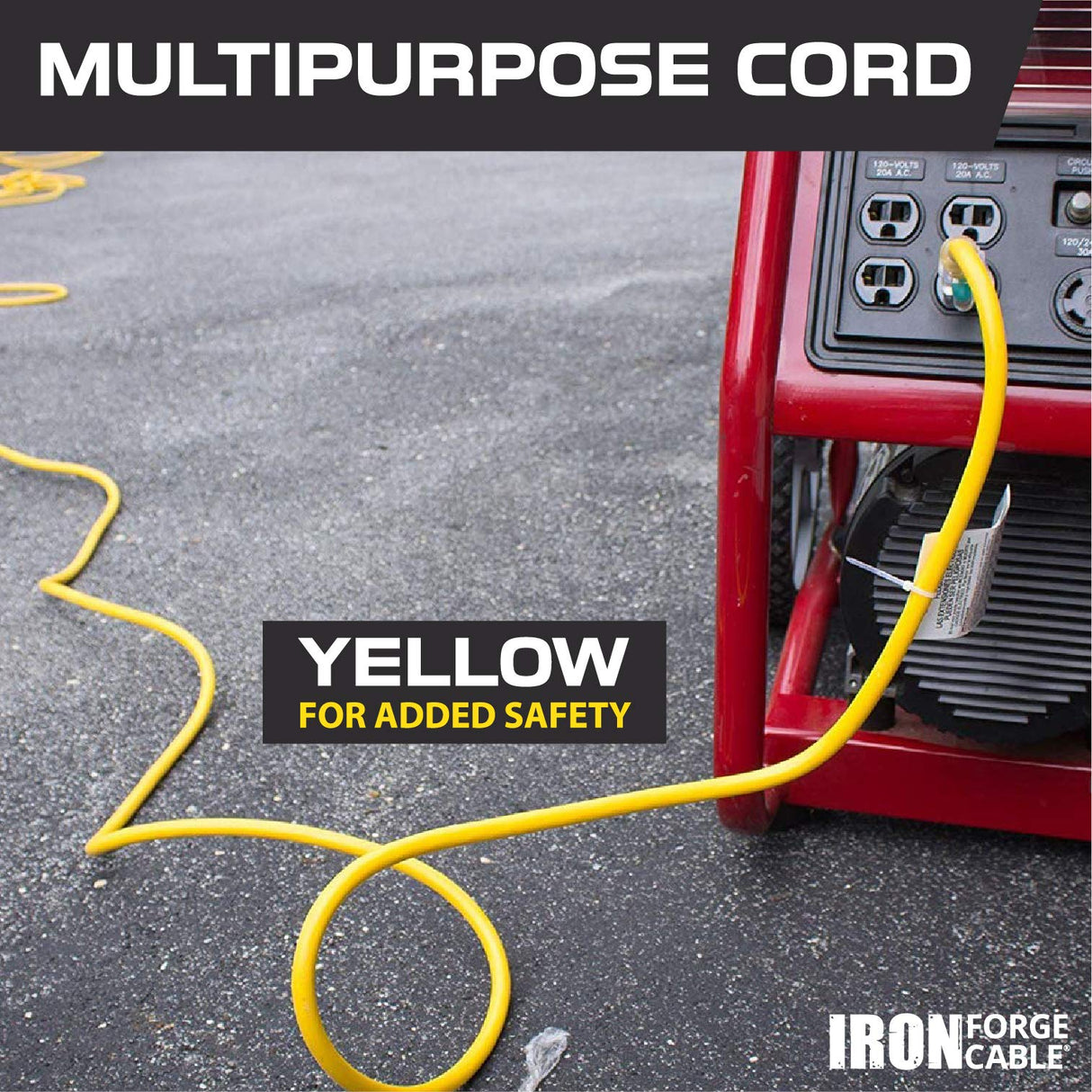 IRON FORGE CABLE 75 Foot Lighted Outdoor Extension Cord with 3 Electrical Power Outlets - 12/3 SJTW Heavy Duty Yellow Extension Cable with 3 Prong Grounded Plug for Safety, 15 AMP Iron Forge Cable