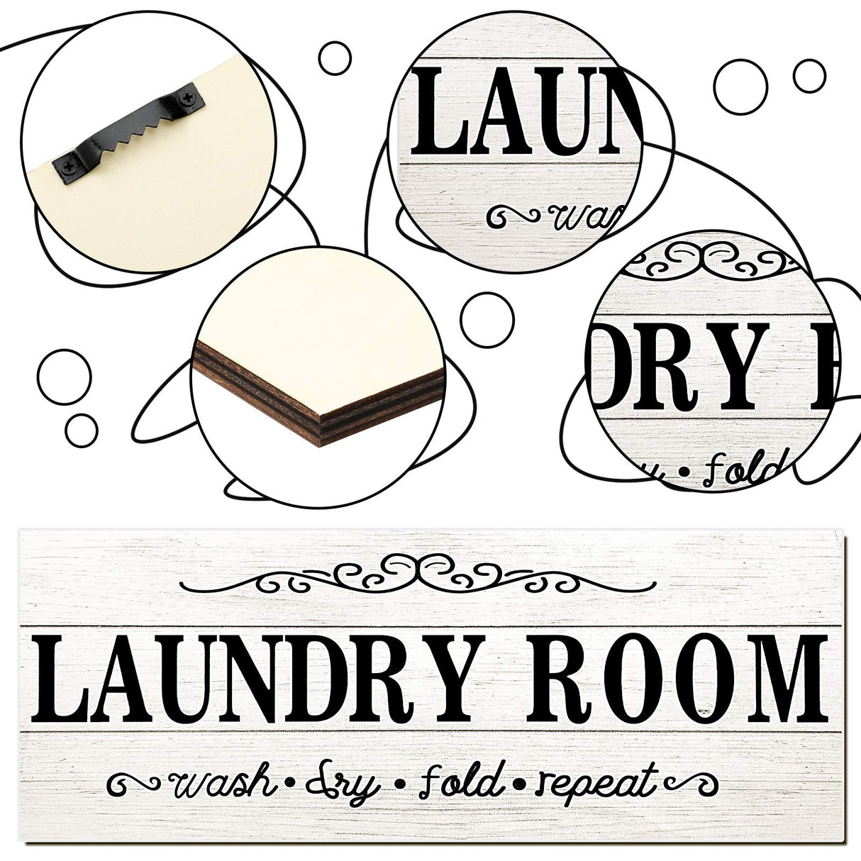 Jetec Laundry Room Decor Sign Wooden Rustic Farmhouse Family Laundry Room Wall Sign Wash Dry Fold Repeat Wall Decor Prints for Home, 16 x 6 Inches(White) Jetec