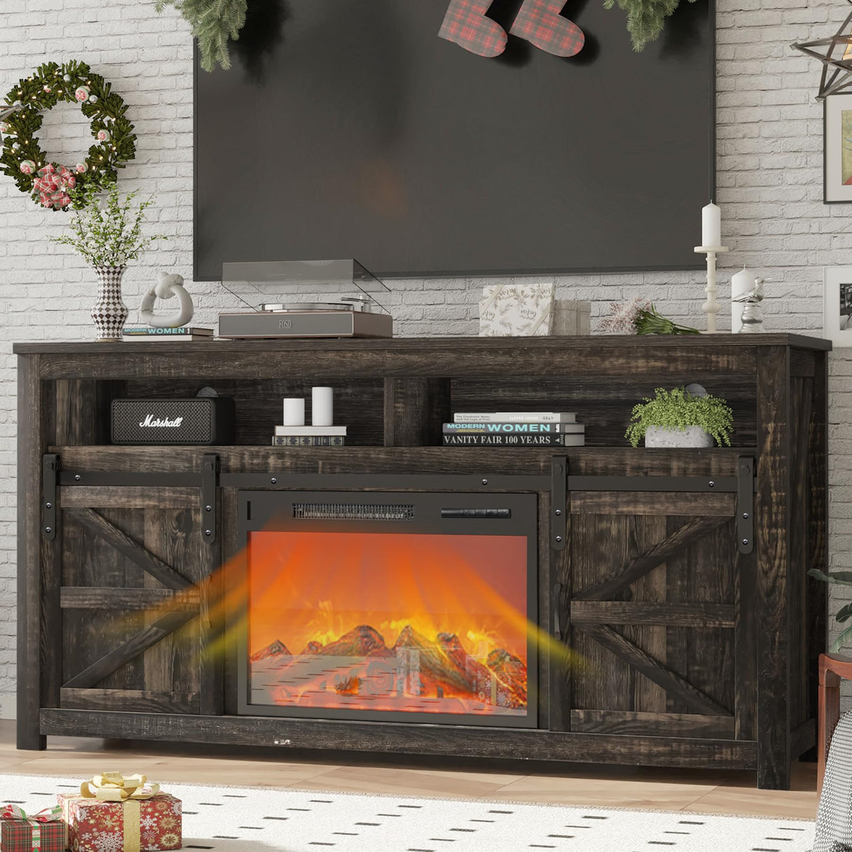 SENSWEET 58" Farmhouse TV Stand with Fireplace, Entertainment Center w/Sliding Barn Door, Rustic Media Console with 2 Storage Shelves, Wood Television Stand for Living Room,Dark Rustic Oak SENSWEET