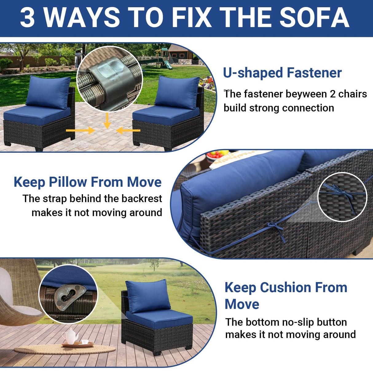 Jing's Villa 5-Piece Patio Furniture Set, All-Weather Outdoor Wicker Sectional Sofa with Cushions, Tempered Glass Table & Ottoman,Rattan Conversation Seating for Porch, Garden, Backyard,Navy Jing's Villa