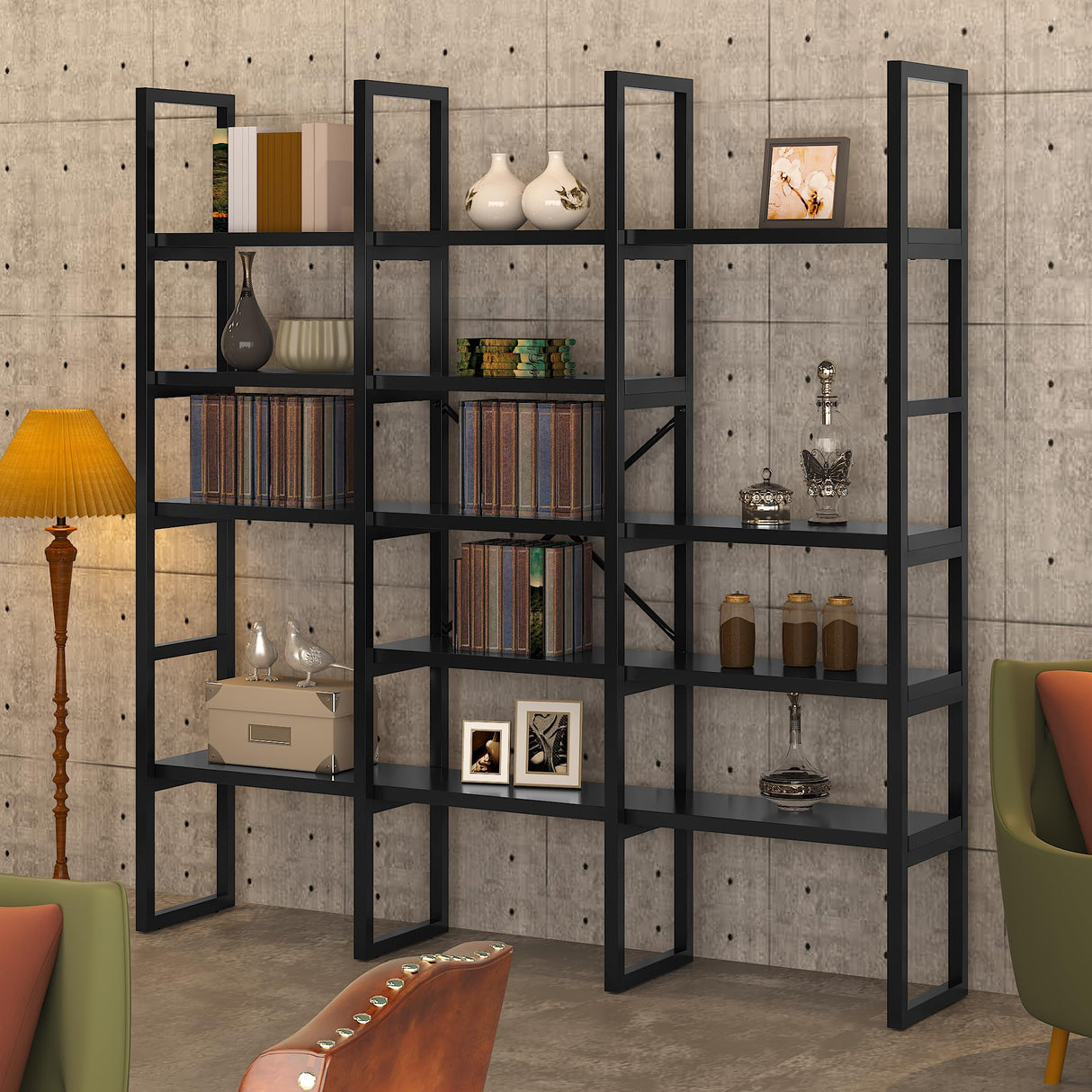 Jehiatek Large Bookshelf 5 Tiers, Triple Wide Geometric Bookcase, 71 Inches Tall Industrial Book Shelves Etagere Book Case, Sturdy Metal Frame, Freestanding Display Shelving Unit, Black Jehiatek