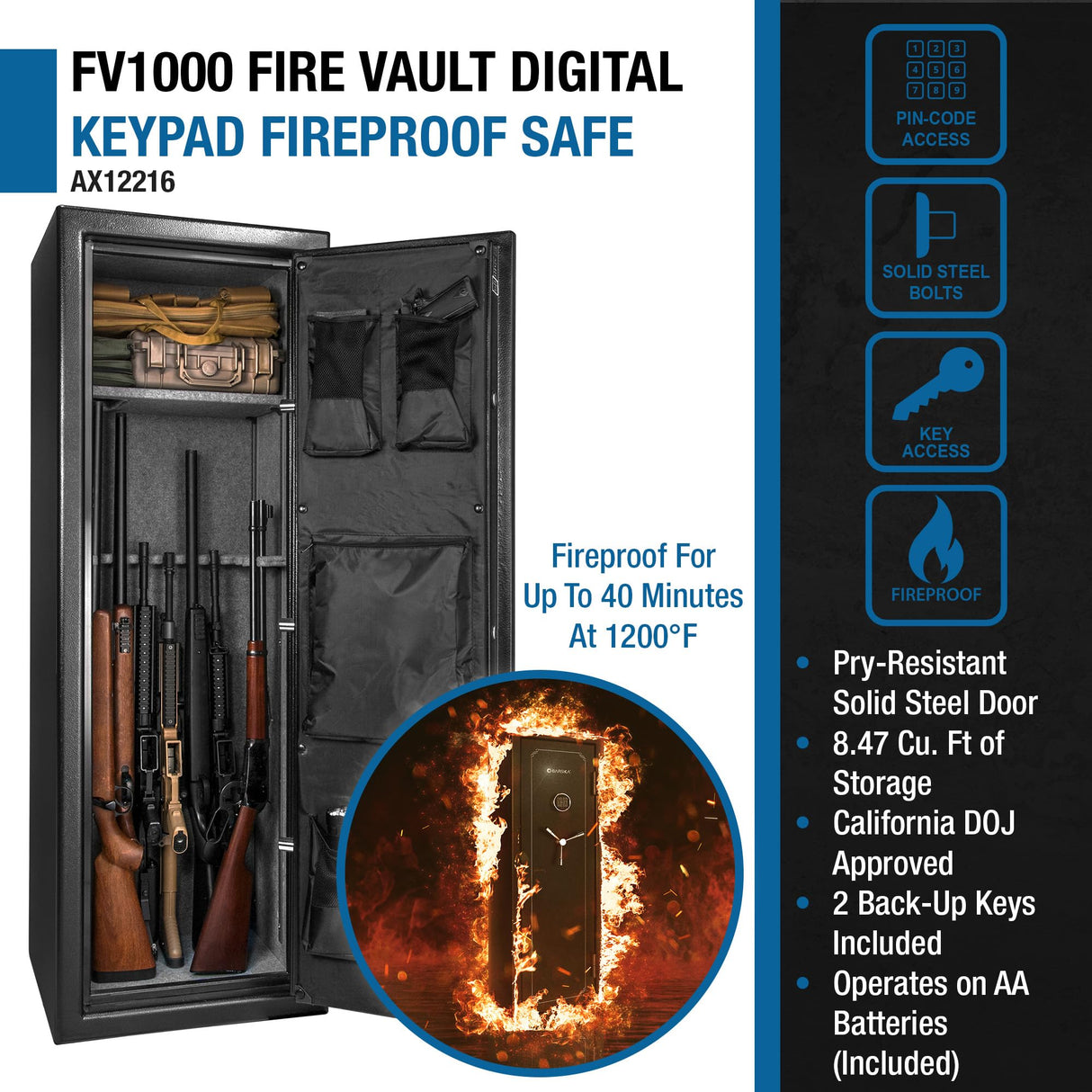 Barska FV-1000 Fireproof Vault Safe – 14-Rifle Capacity with Electronic Keypad, Pry-Resistant Door, 3 Steel Deadbolts, Fireproof 40 Min @1200°F, Removable Shelf Barska