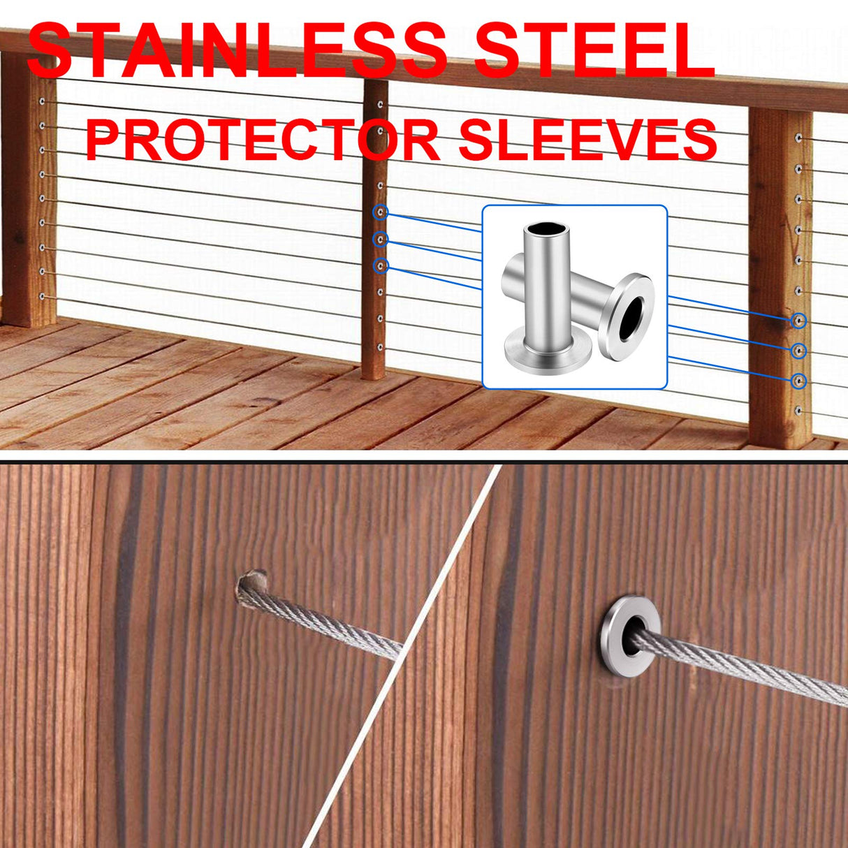 BLIKA 120 Pack Stainless Steel Protector Sleeves for 1/8" 5/32" or 3/16" Deck Cable Railing, for Wood/Composite Posts, T316 Marine Grade BLIKA