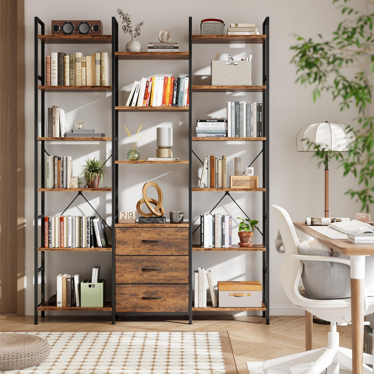 AFLUI Triple Bookshelf with 3 Fabric Drawers, 6-Tier Book Shelf and 10 Display Shelves, Industrial Large Bookcase for Home & Office, Rustic Brown, 47'' Wide AFLUI