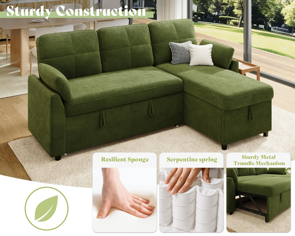 AMEILIFE Sleeper Sofa, Sofa Bed with Storage Chaise, Convertible Sofa Bed with Pull Out Couch, l Shaped Couch for Living Room, Linen Green AMERLIFE