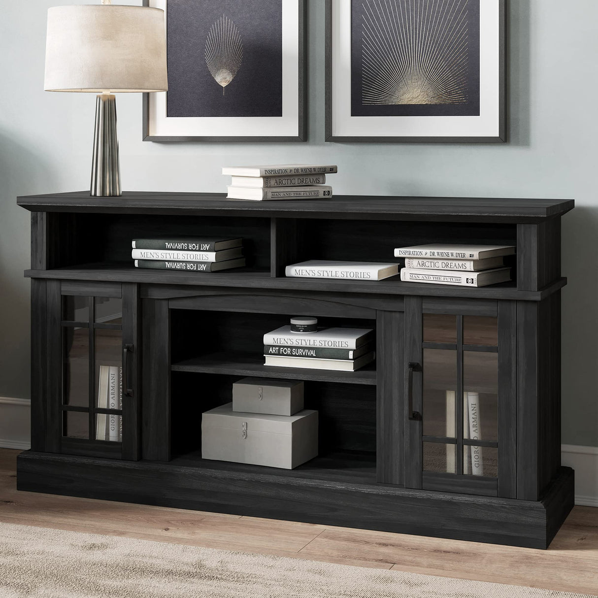 BELLEZE 58 Inch TV Stand, Rustic Wood Entertainment Center for TVs up to 65", Contemporary Media Console Table with Two Open Shelves and Glass Door Cabinets - Astorga (Rustic Grey) BELLEZE