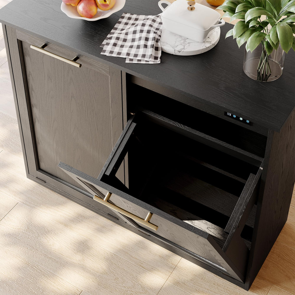 XM-ICE Tilt Out Trash Cabinet with Quick Installation and Deodorising Function, Wooden Trash Kichen Cabinet Holds Up to 2x13 Gallons Bins, Freestanding Trash Cabinet, Black XM-ICE