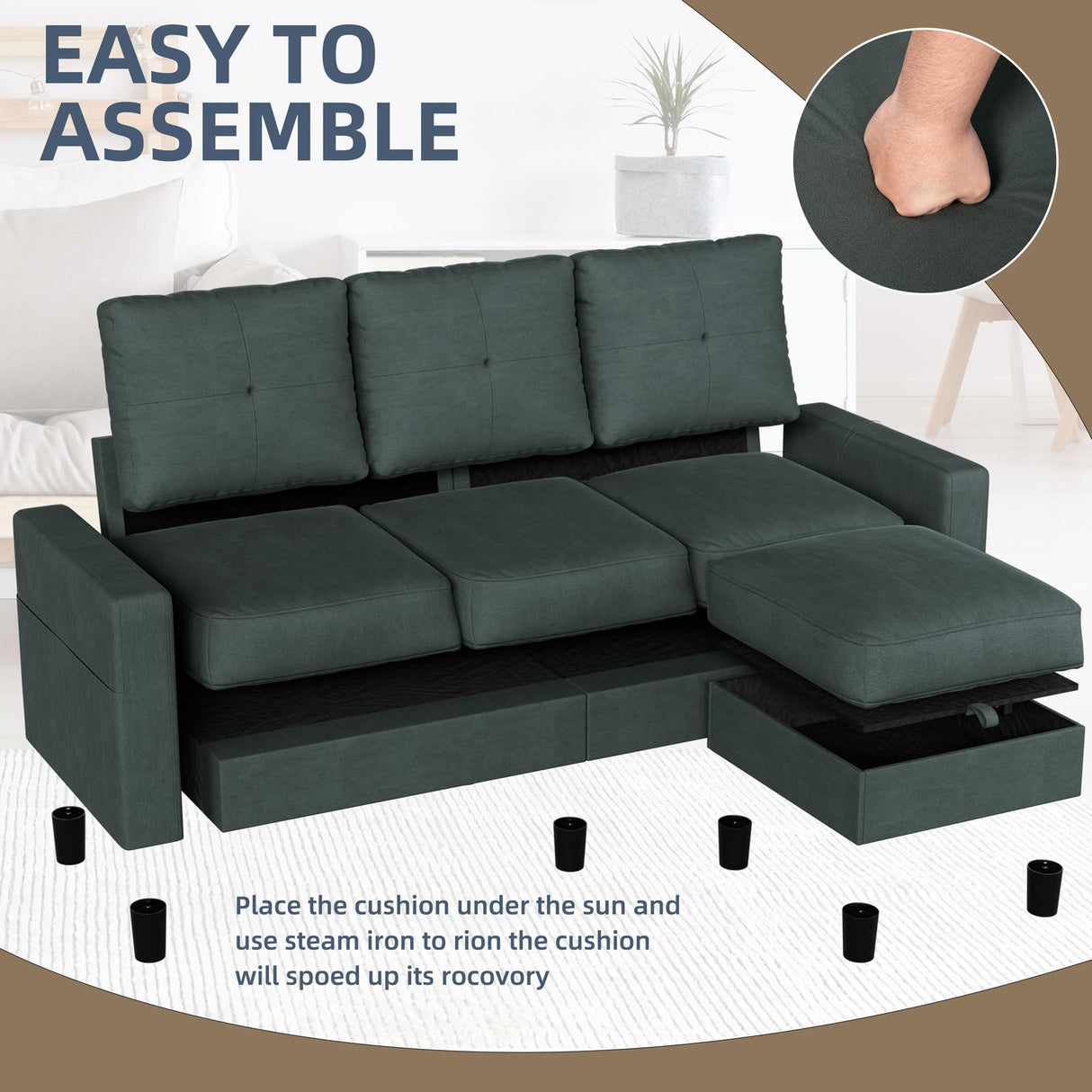 JAMFLY Convertible Sectional Couches for Living Room, L-Shaped Couch 3 Seat Sectional Sofa Set with Polyester Fabric and Movable Ottoman Small Couch for Apartments, Office, Dark Grey JAMFLY