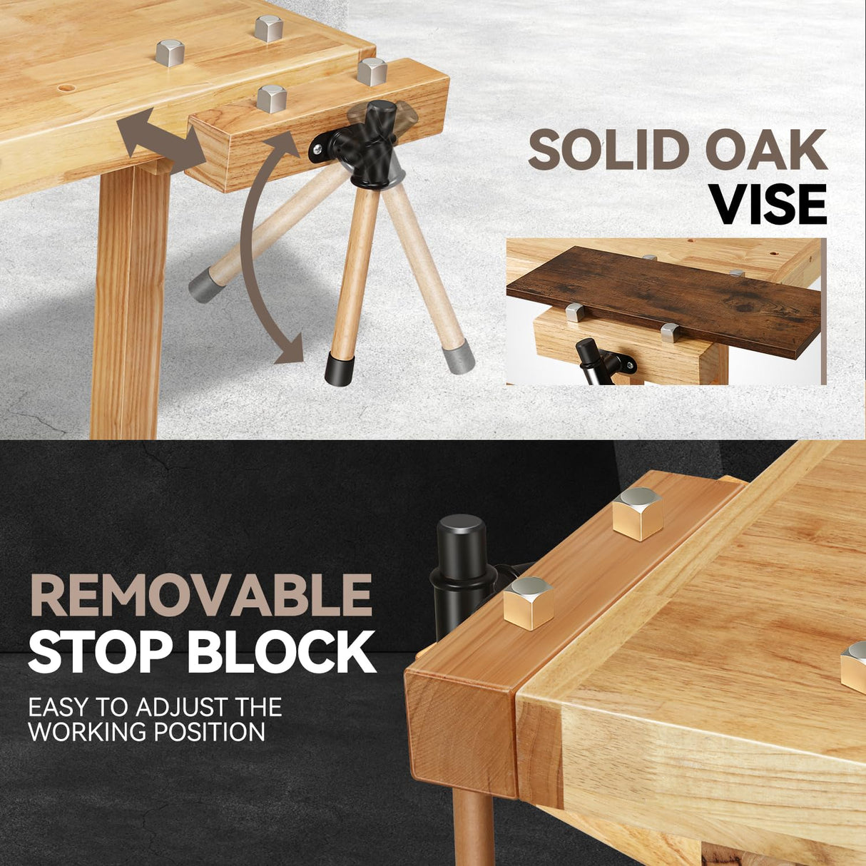 Auto Dynasty Workbench Rubber Wooden Work Bench with Open Space and Adjustable Rotating Handles Hardwood Workbench for Garage, Workshop, Home and Office, 44'' x 24.4'' x 29.5'' Auto Dynasty