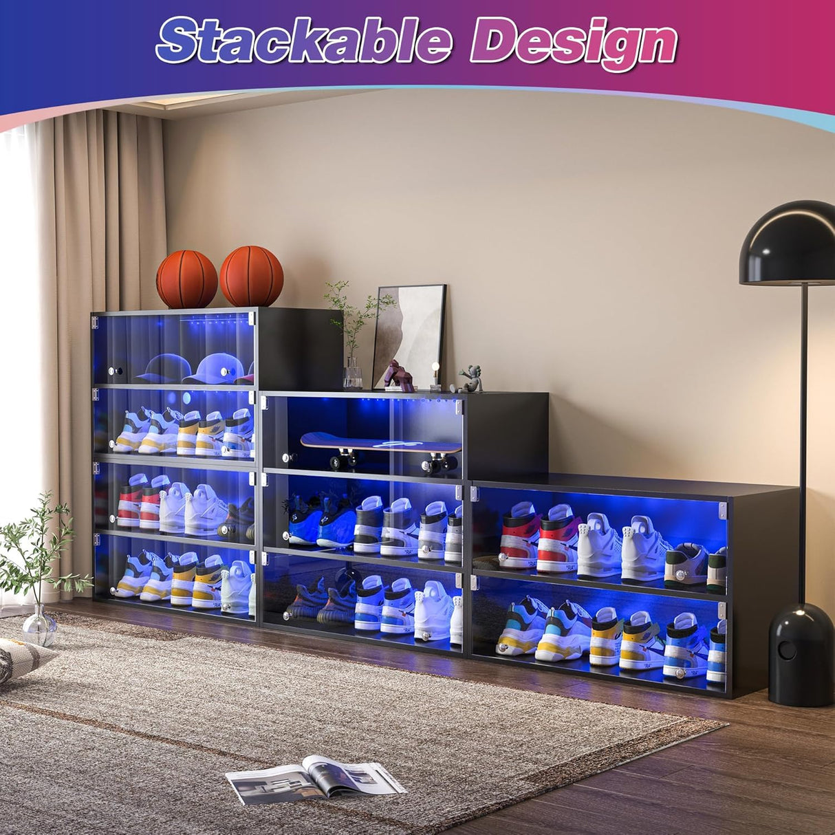 Banzeem LED Sneaker Storage with Sliding Glass Doors for Up to 9 Pairs of Shoes, Sneaker Case for Sneakerheads, Clear Shoe Boxes Stackable and Wooden Showing Shoe Rack for Space Saving, Black Banzeem