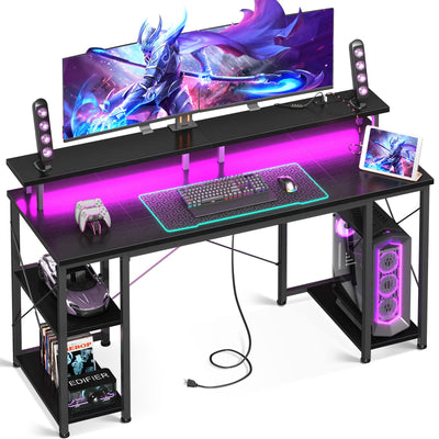ODK 55 inch Gaming Desk with LED Lights & Power Outlets, Computer Desk with Monitor Stand & Storage Sheves, CPU Stand, Home Office Desk, Black