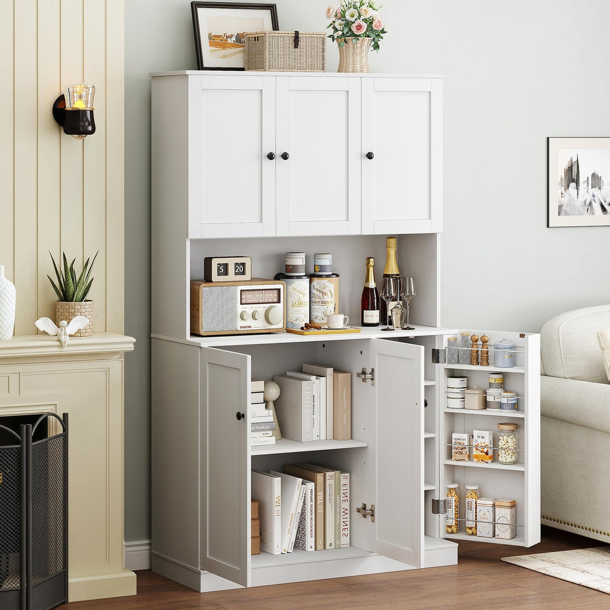 ONBRILL 71" Tall Kitchen Pantry Storage Cabinet with Microwave Stand & Door Shelf, Freestanding Kitchen Hutch with 6 Doors and Adjustable Shelves, Modern Food Pantry for Kitchen, Dining Room, White ONBRILL