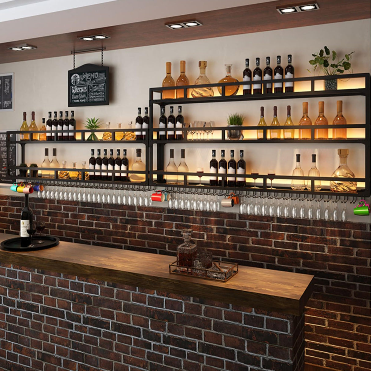 Wall Wine Rack Floating Bar Shelves Wall Mounted with LED Light Liquor Bottle Display Shelf with Hanging Wine Glass Rack Kitchen Wall Shelf Liquor Cabinet Bar Stand for Home Bar Cafe Restaurant(Black, WXZXWXZX