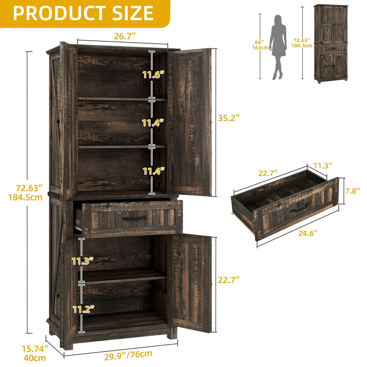 DWVO 72" Tall Farmhouse Pantry Cabinet, Kitchen Storage Pantry with Barn Doors & Drawer, Versatile Organizer with Adjustable Shelves, Rustic Cupboard for Dining Room, Living Room, Dark Rustic Oak DWVO
