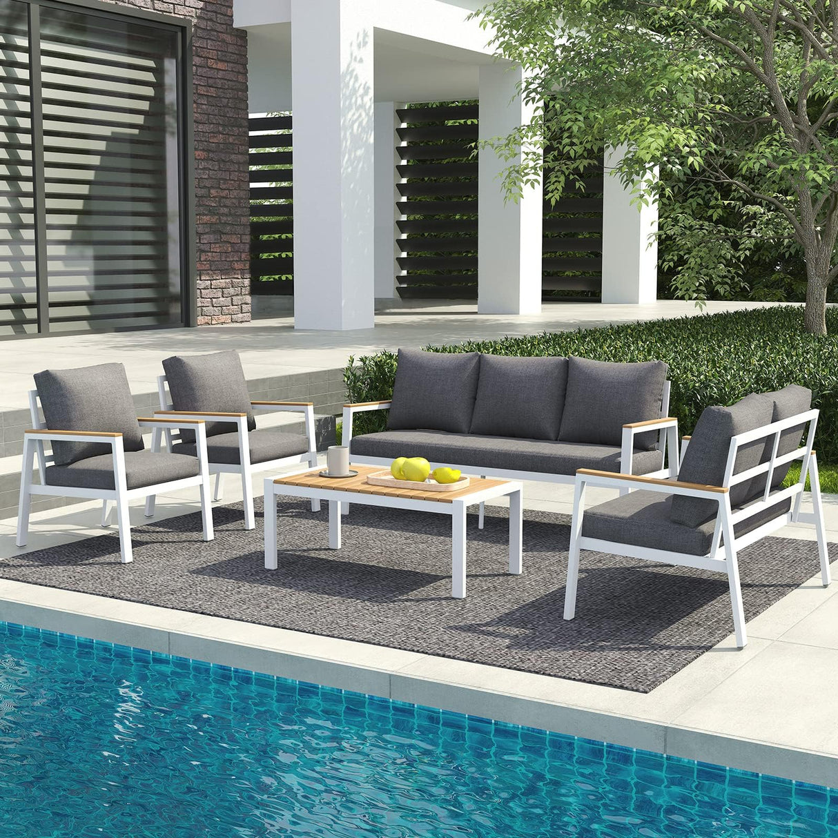 JOIVI Aluminum Patio Furniture Set 5 Pieces Outdoor Conversation Set with Teak Coffee Table & Cushion, Outdoor Patio Furniture Sectional Patio Sofa Outside Furniture for Deck, Backyard, White JOIVI