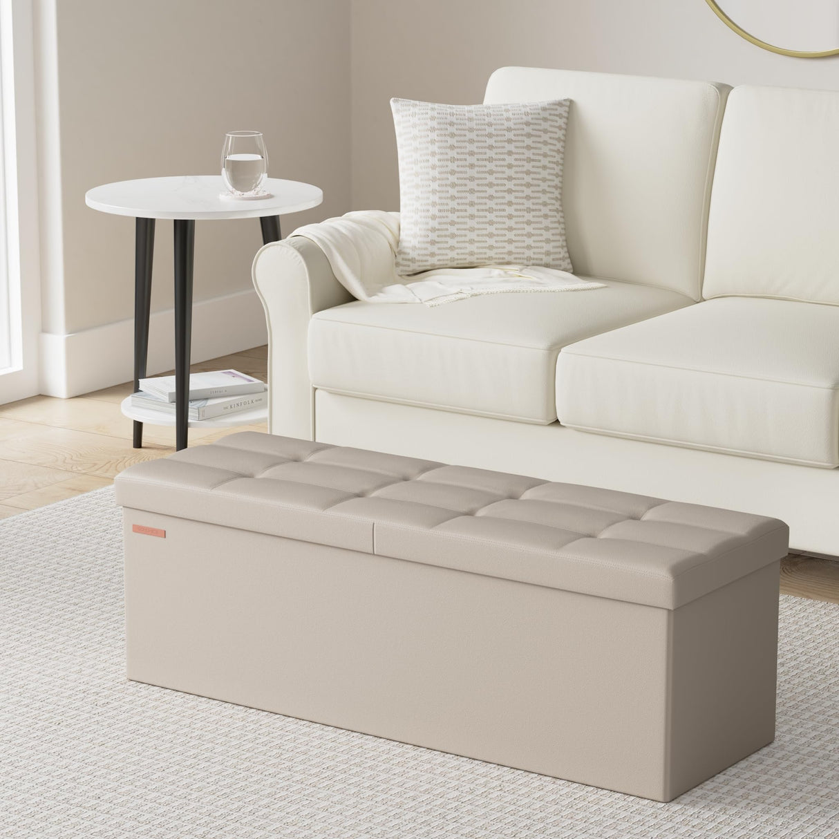 SONGMICS MAZIE Collection - 43 Inches Storage Ottoman Bench with Flipping Lid, Storage Chest with Iron Frame Support, Load 660 lb, for Living Room, Bedroom, Synthetic Leather, Camel Brown ULSF075K03 SONGMICS