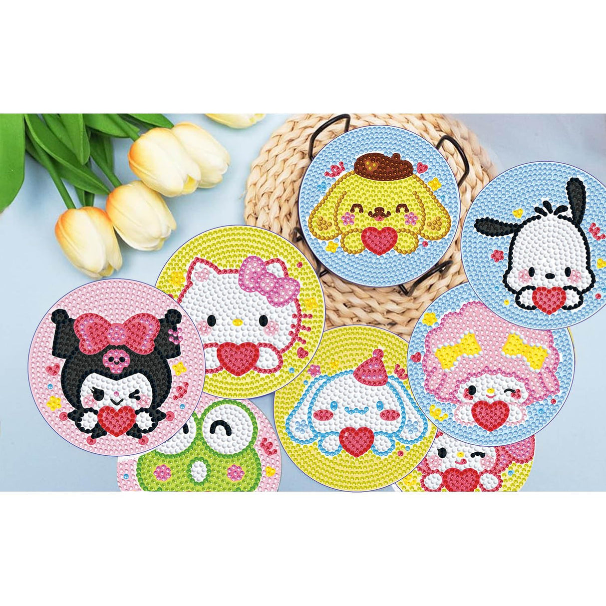 8 PCS Cartoon Diamond Art Coasters Kits, Diamond Painting Coasters with Holder Set of 8, DIY Drink Coasters Art Crafts Supplies for Adults Cup Mat for Home Decor House Warming Gifts Non-Slip 3.9inch YSUNETER