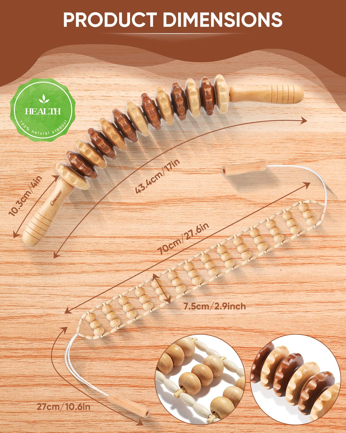 ONUEMP 2PCS Wood Therapy Massage Tools, Wooden Massage Roller Stick & Back Massager Roller Rope, Maderoterapia Kit Colombiana for Lymphatic Drainage, Anti Cellulite, Body Sculpting, Ease Deep Tissue ONUEMP