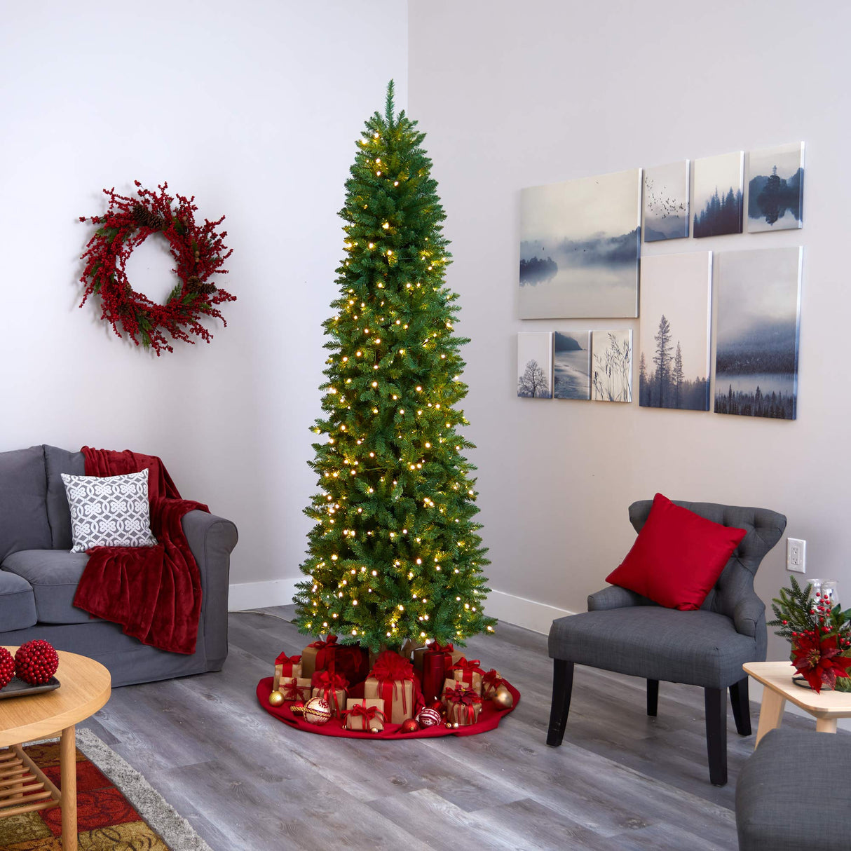Nearly Natural 8ft. Slim Green Mountain Pine Artificial Christmas Tree with 400 Clear LED Lights Nearly Natural