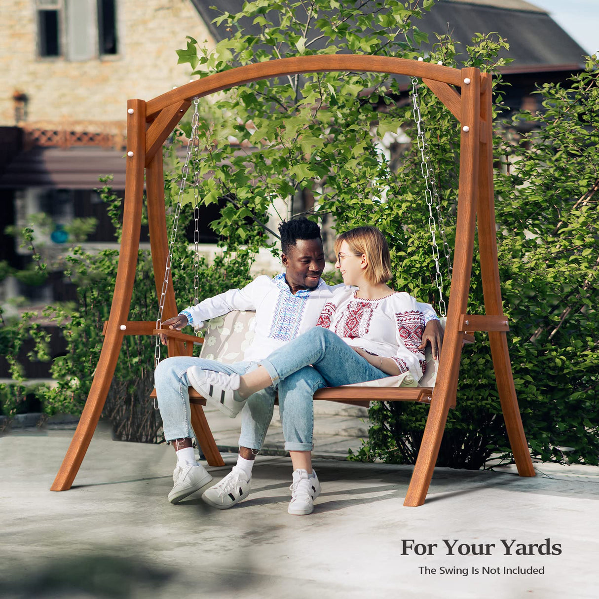 VINGLI Heavy Duty Wooden Swing Frame for Adults Kids, Strong A-Frame Porch Swing Bench Stand for Indoor & Outdoor, Curved Arc Top Design, Supports Up to 660 LBS VINGLI