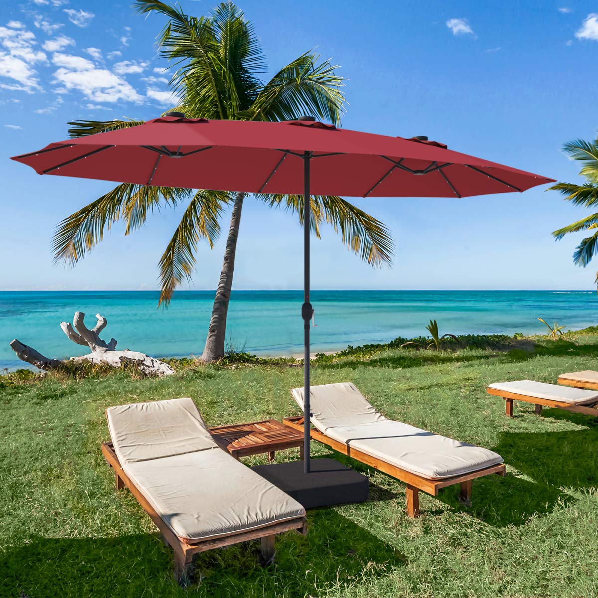 Tangkula 15 Ft Solar LED Patio Double-Sided Umbrella, Extra Large Umbrella w/ 36 Solar Powered LED Lights & Crank System, Outdoor Twin Umbrella for Garden, Deck, Poolside, Patio (Burgundy) Tangkula
