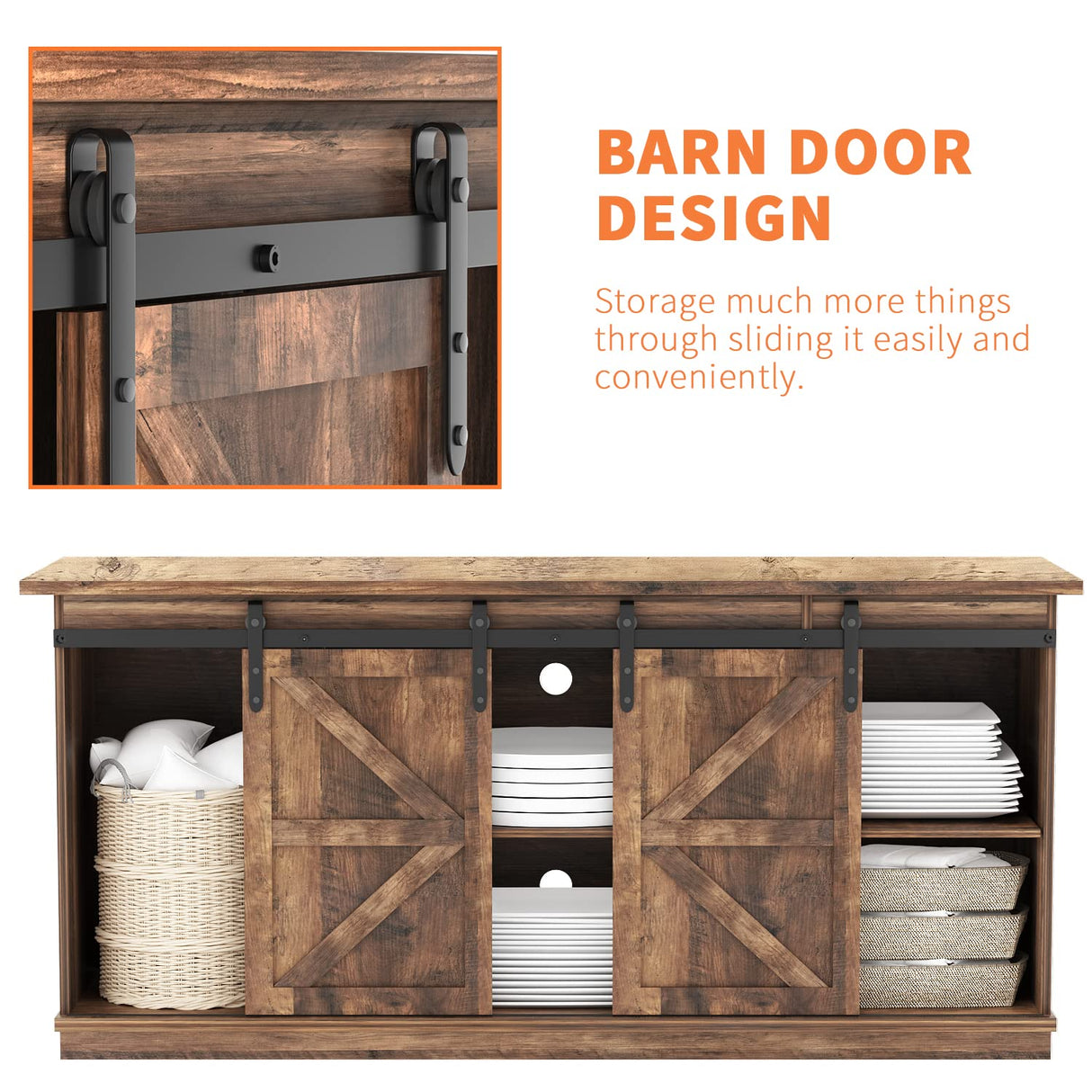 YESHOMY TV Stand for Televisions up to 65 Inchs, with Sliding Barn Doors and Storage Cabinets, Console Table and Media Furniture for Living Room, 58 Inch, Barnwood YESHOMY