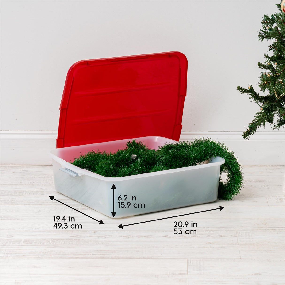IRIS USA 33 Qt. Holiday Wreath Storage Container Box with Lid, 3-pack, Stackable Under Bed Storage Organizer Bin with Latching Buckles for 20" Wreaths Festive Holiday Decorations Garlands, Clear/Red IRIS USA