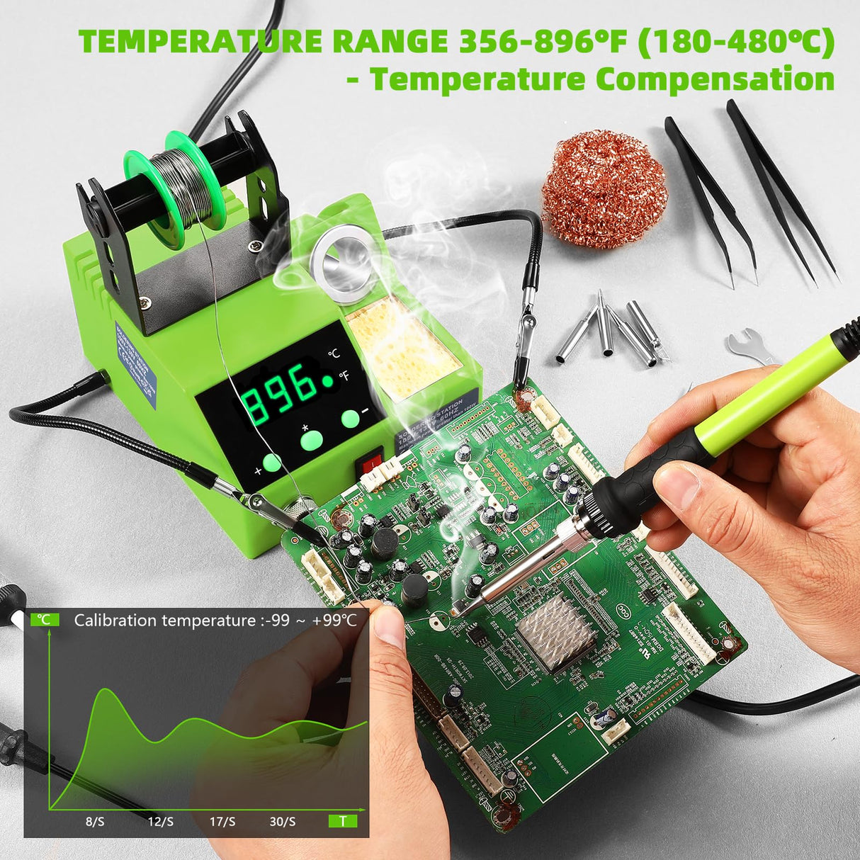 Soldering Station, 100W Digital Display Soldering Iron Station Kit with 2 Helping Hands, 356°F - 896°F, Auto Sleep, °C/°F Conversion, Solder Wire, Tips, Stand, Pump, Tweezers, Tip Cleaner, Green Crtsweker