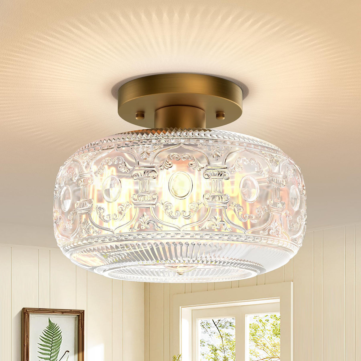 OYKYOHEI Semi Flush Mount Ceiling Light, Gold Vintage Kitchen Ceiling Light Fixture, Globe Glass Close to Crystal Modern Lighting for Hallway Bathroom Bedroom Porch Entryway, Bulb Not Included OYKYOHEI