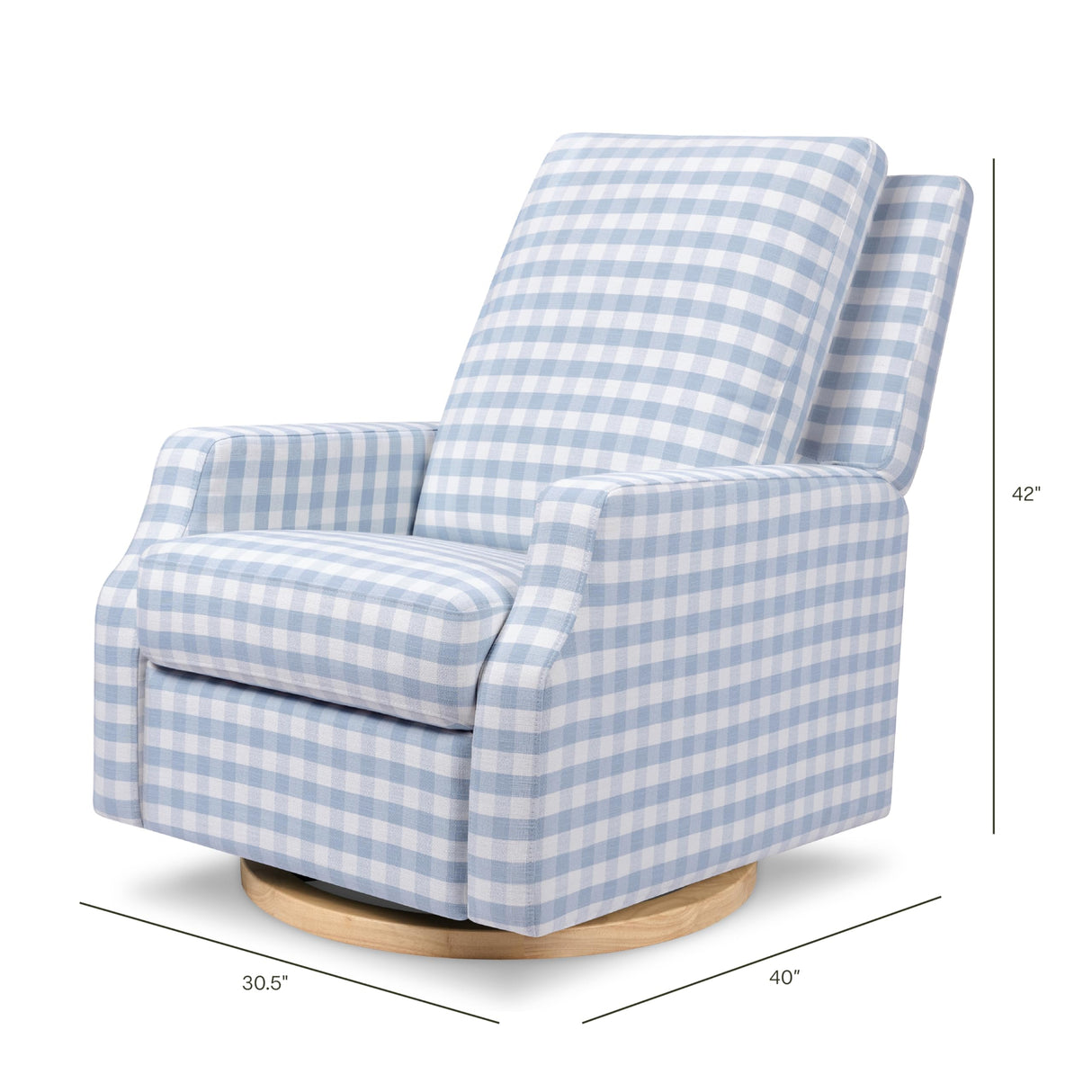 NAMESAKE Crewe Electronic Recliner and Swivel Glider in Blue Gingham with Light Wood Base, Greenguard Gold & CertiPUR-US Certified NAMESAKE