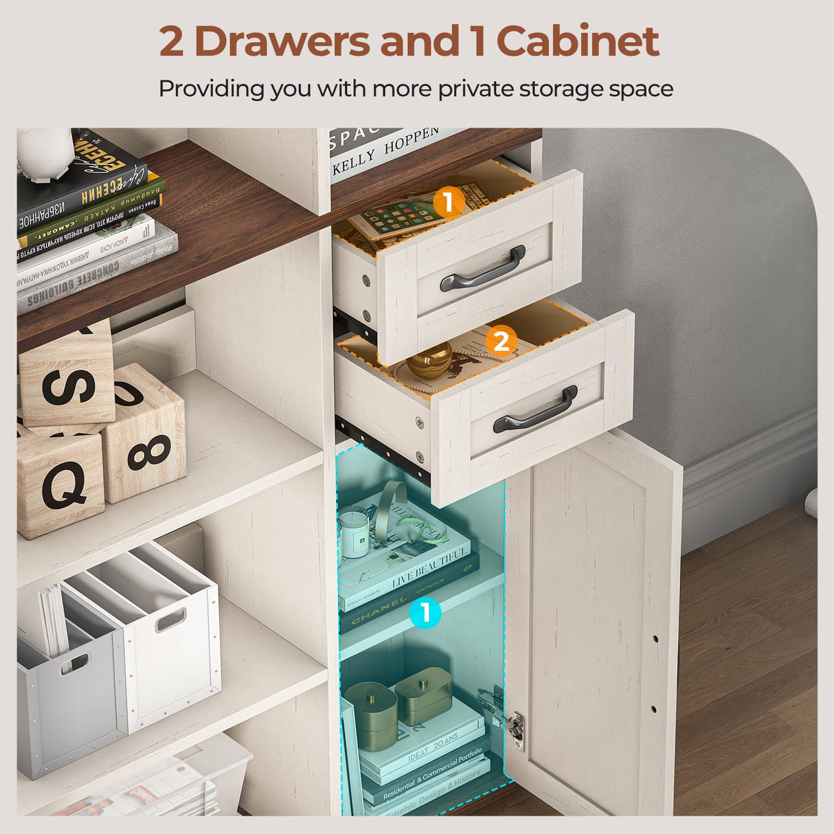 UPOSOJA 7-Shelf Farmhouse Corner Bookshelf with Lockers & Drawers, 71" L-Shaped Large Storage Shelf Display Rack for Bedroom, Living Room, Home Office (White Brown) UPOSOJA