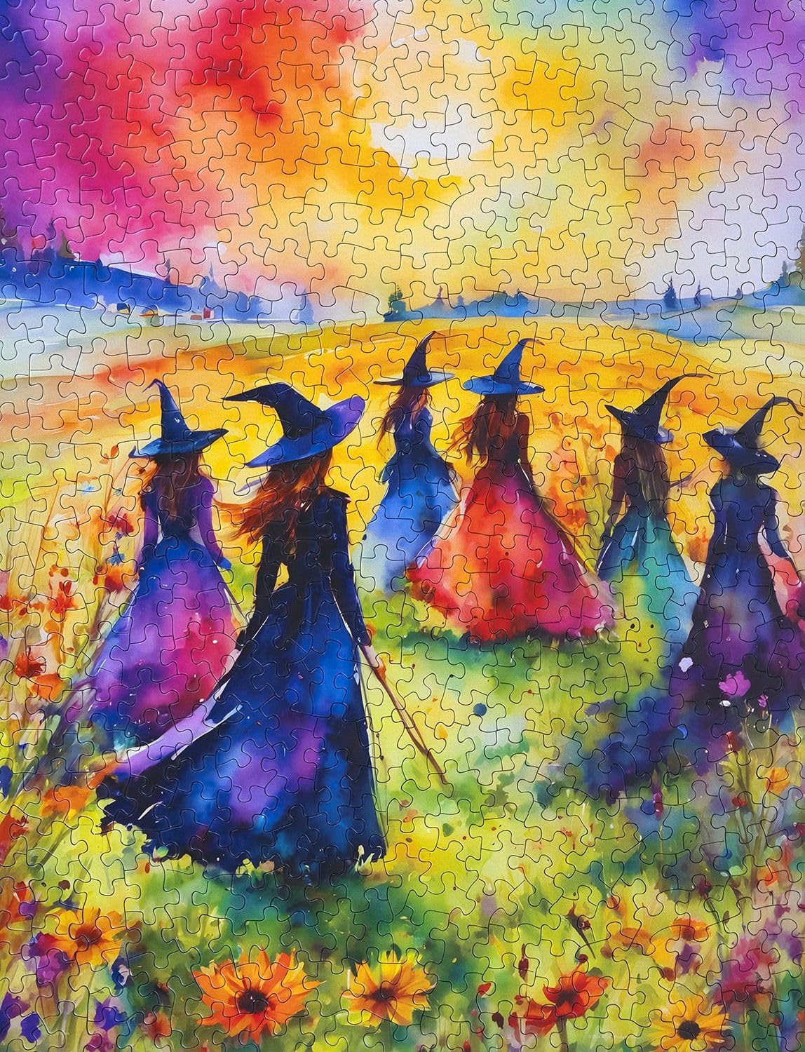 Springbok's Witches Gathering 500 Piece Puzzle for Adults is a Watercolor Image of Witches Gathering in a Blossoming Field Springbok