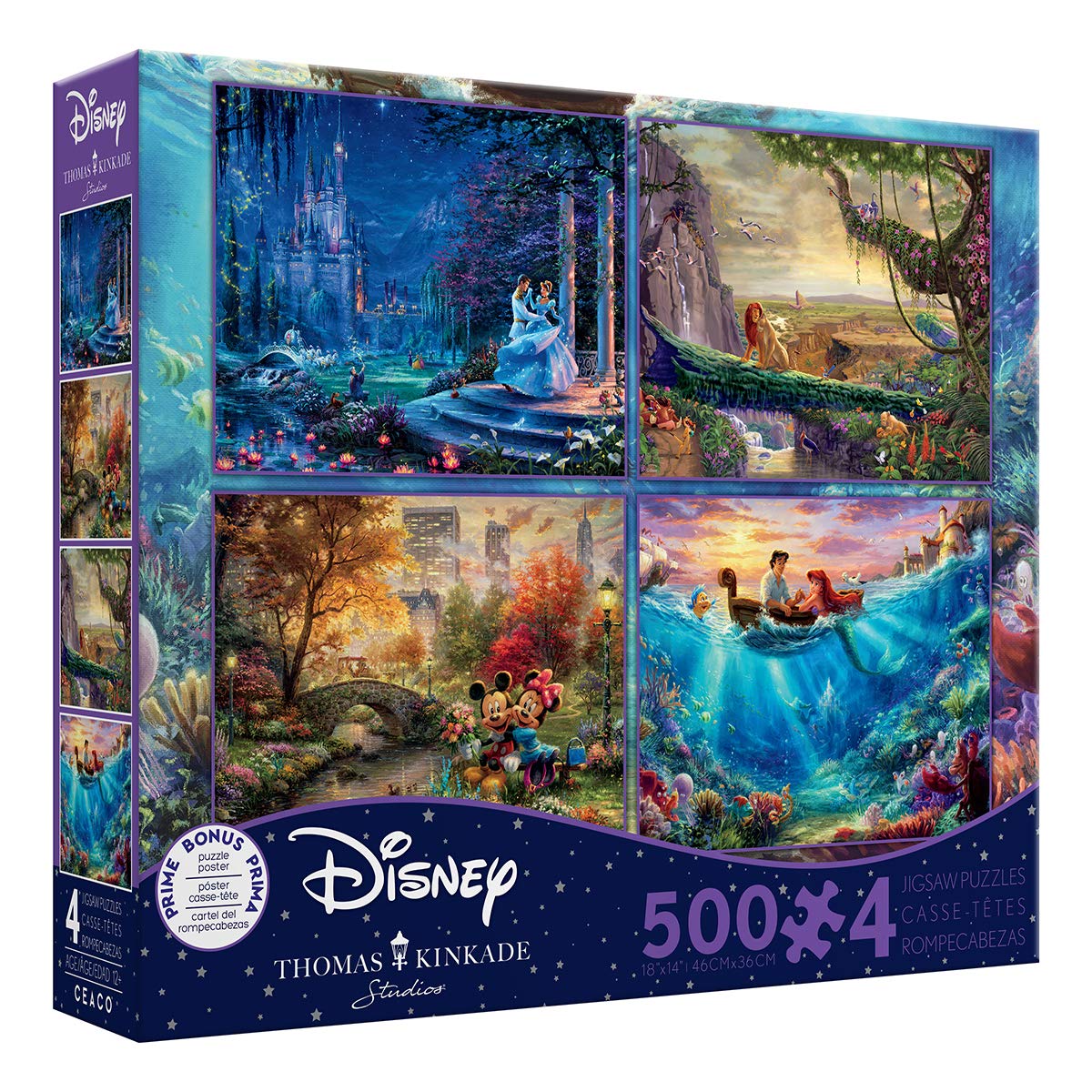 Ceaco - 4 in 1 Multipack - Thomas Kinkade - Disney Dreams Collection - Cinderella, The Lion King, Mickey and Minnie, & The Little Mermaid - (4) 500 Piece Jigsaw Puzzles , Blue Ceaco