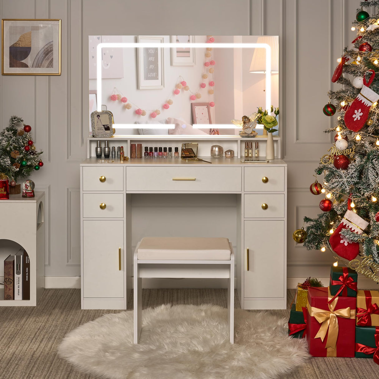 ANWBROAD Vanity Desk Set with Large LED Lighted Mirror Power Outlet Makeup Vanity Table 3 Color Lighting Modes Dressing Table with 5 Drawers and 2 Cabinets Cushioned Stool for Bedroom, White UBDT57W ANWBROAD