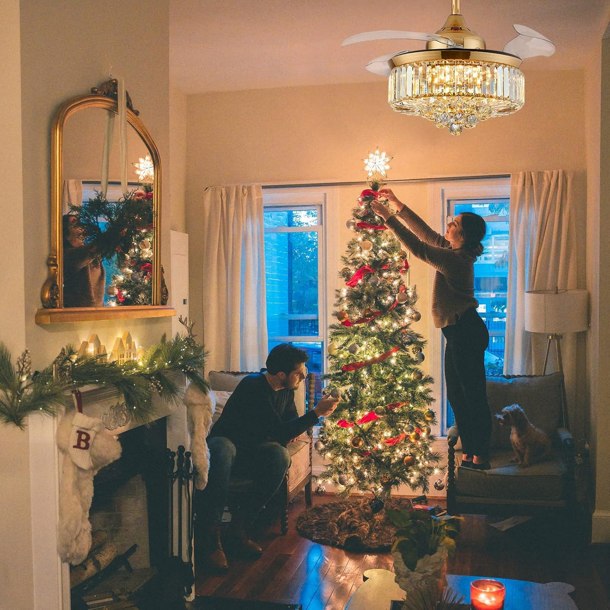 Siljoy 36 Inch Gold Fandelier Ceiling Fan with Light, Crystal Ceiling Fan with Lights and Remote, LED Dimmable Chandelier Fan with Invisible Reversible Fan Blades for Bedroom Living Room Dining Room Siljoy