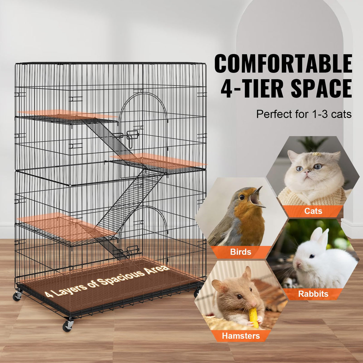 VEVOR Cat Cage Indoor Catio Cat Enclosure, Large Cat House on Rotating Wheels, 4-Tier Pet Playpen, Cat Crate Cat Kennel, 35.4" L x 23.6" W x 51" H VEVOR