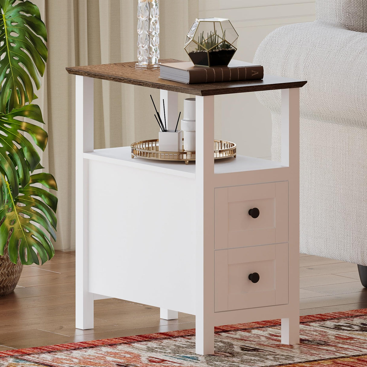 ChooChoo Farmhouse End Tables Set of 2, 3-Tier Narrow Nightstand with 2 Drawers, Slim Bedside Tables with Open Shelf for Small Space Living Room,White ChooChoo