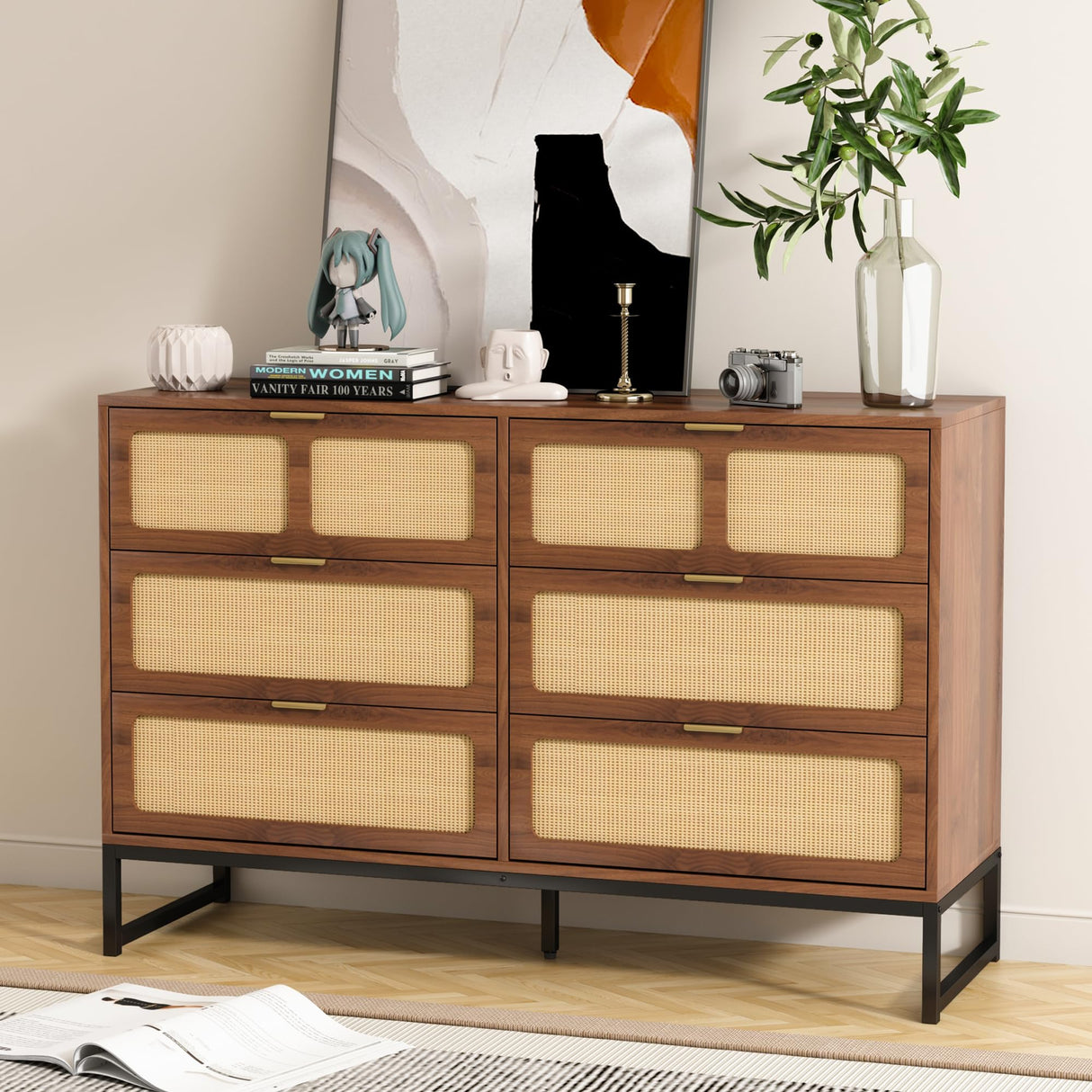 IQCNGVX 6 Drawer Dresser, Modern Rattan Dresser Chest with Wide Drawers and Metal Handles, Accent Dresser Drawer Organizer, Farmhouse Wood Storage Chest of Drawers for Bedroom, Living Room, Entryway IQCNGVX