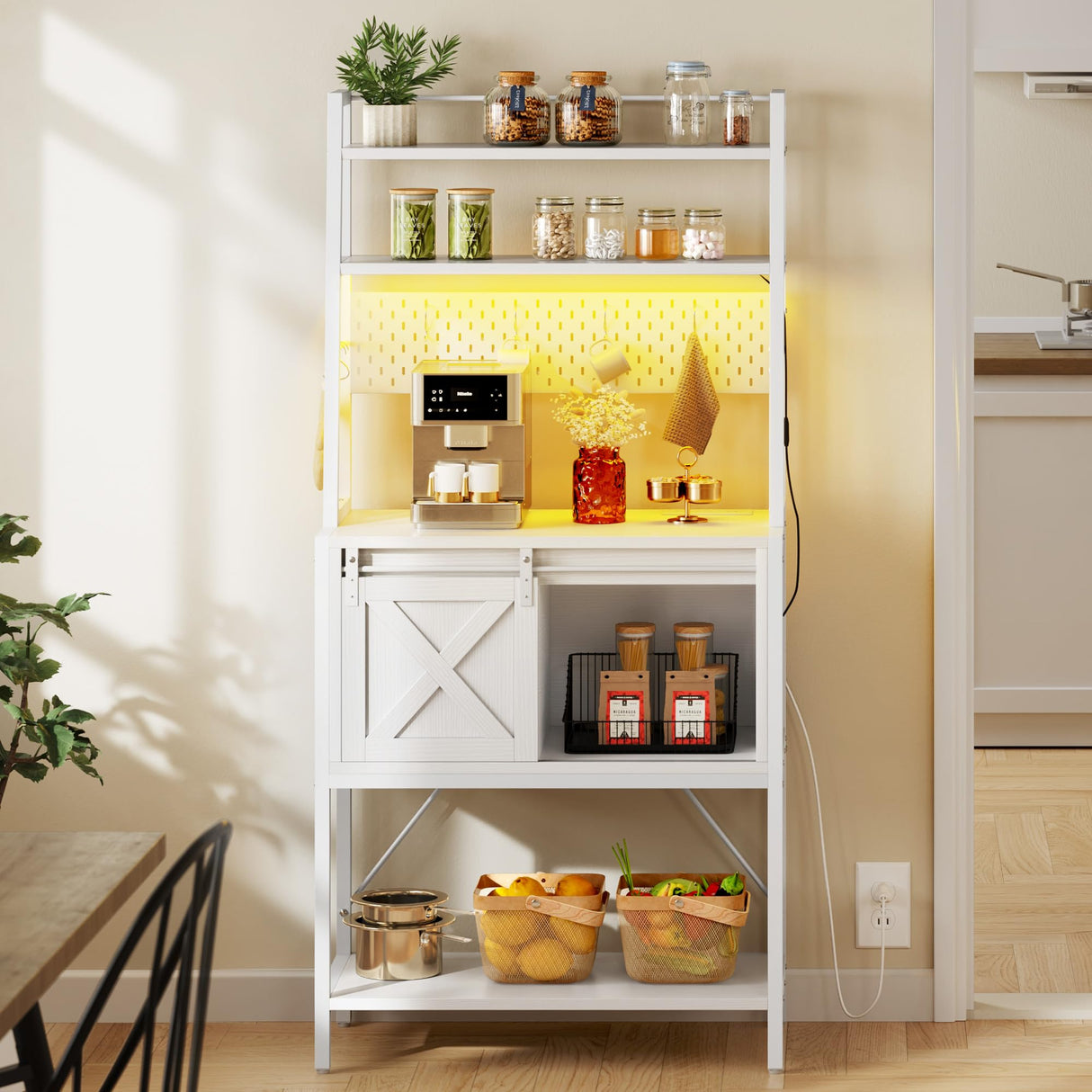 DWVO White Bakers Rack with Power Outlet, LED Light, and Sliding Storage Door - Farmhouse Kitchen Coffee Bar with 4-Tier Shelves and Hooks DWVO