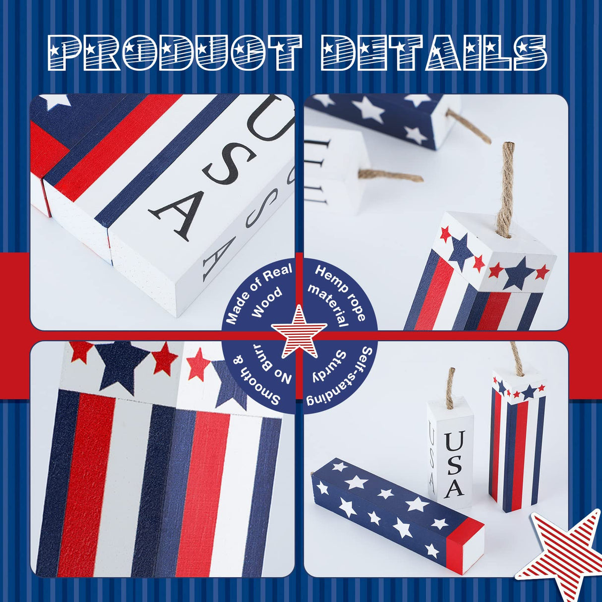 Amyhill 3 Pcs 4th of July Wooden Table Decorations Patriotic Table Centerpieces Independence Day Wood Firework Fourth of July Table Signs for Home Farmhouse Decor(Flag) Amyhill