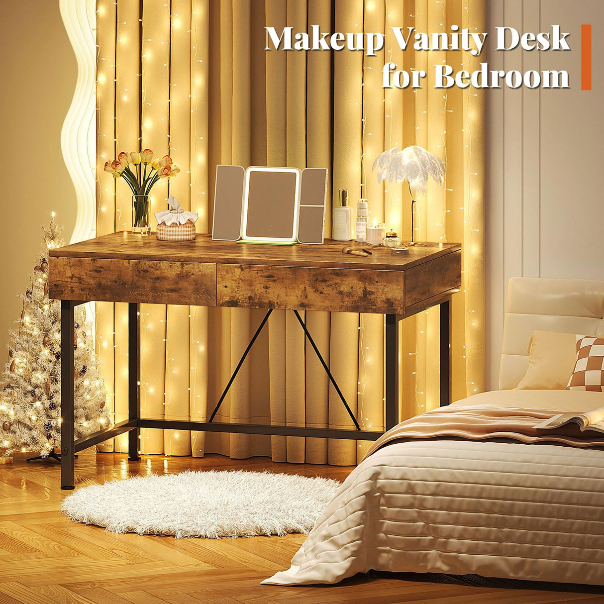 VERMESS 40Inch Solid Wood Desk with Drawers,Home Office Desk for Small Space,Modern Makeup Vanity Desk,Writing/Study/Work Table, Kids Desk for Bedroom (Wood, Rustic Brown) VERMESS